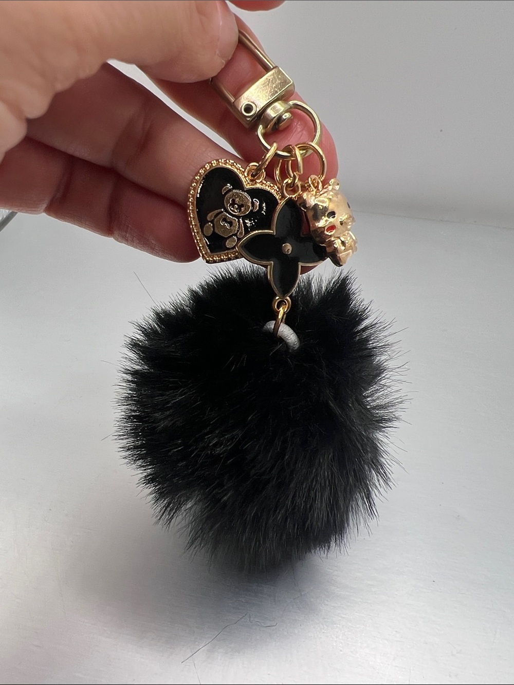 Gold & Black Pom Pom Keychain Charm - Fashionable Bag Accessory